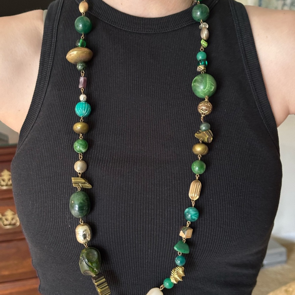 Green and Gold Mulit colored Beaded Necklace with Organic Design